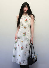 Linen flower embroidered dress